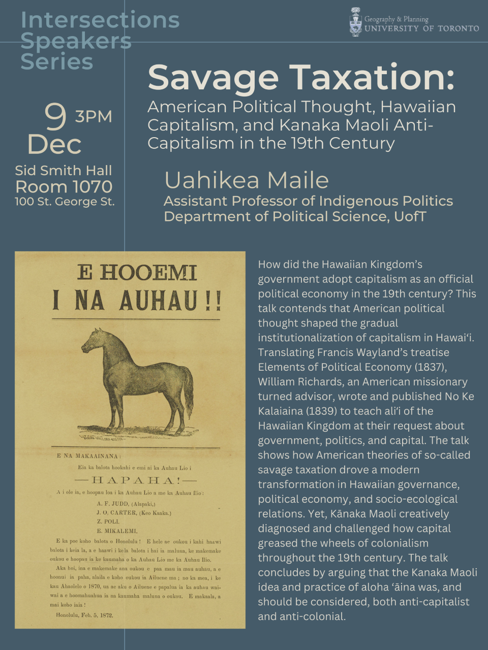 Flyer for Savage Taxation, Intersection Lecture. 