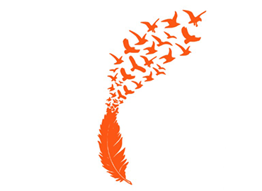 Illustration of an orange feather turning into a flock of birds 