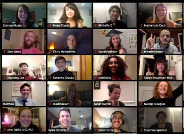 screen shot of sixteen students on a zoom call, they are happy and smiling